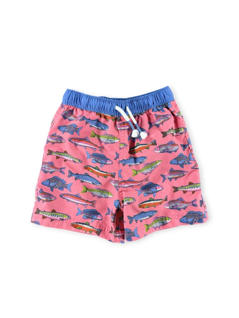 Mini Boden Fish Print Swim Trunks | Pink & Blue | Size 3–4Y